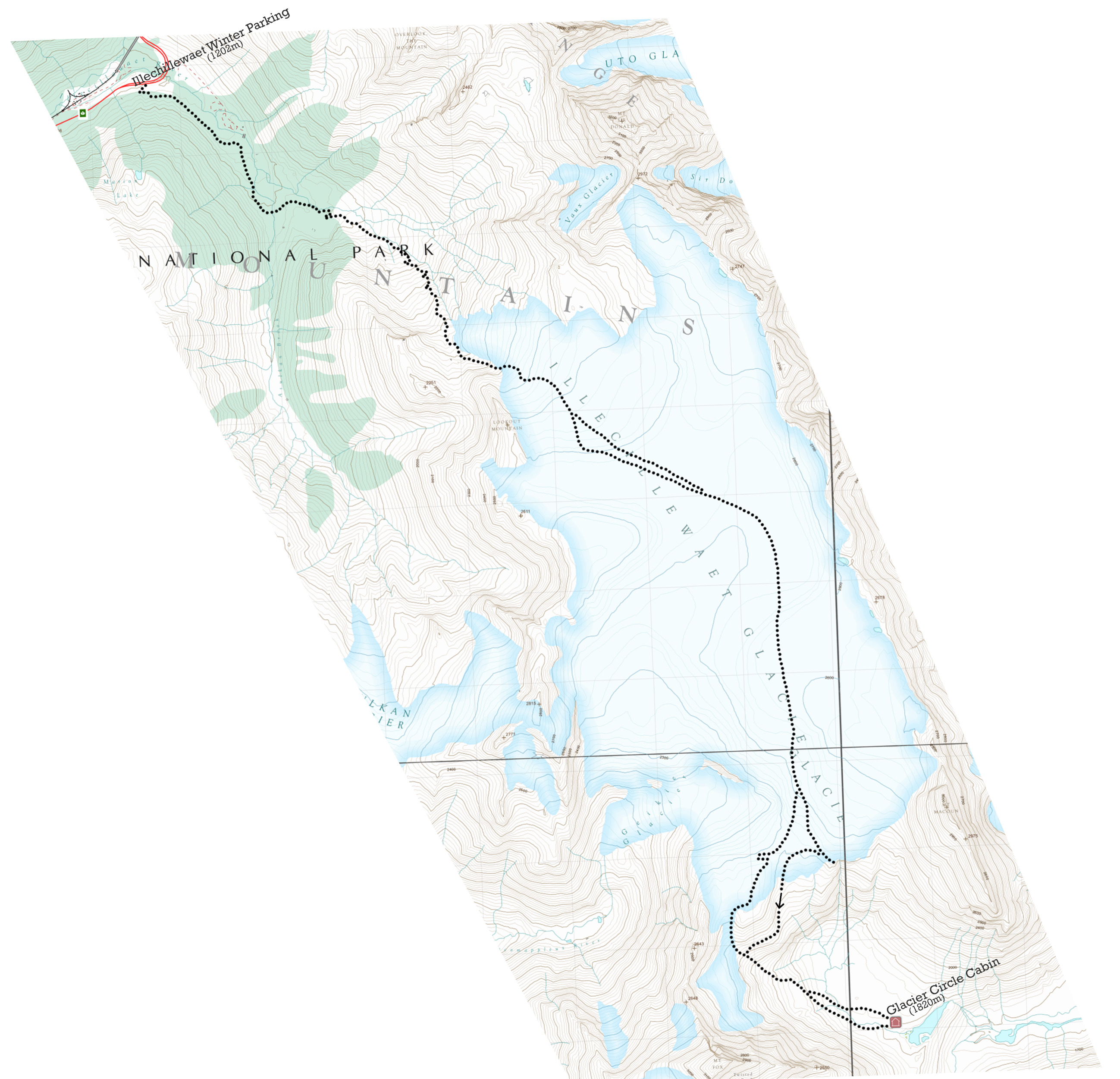 Kart over ruta inn til Glacier Circle fra perkeringsplassen i Rogers Pass